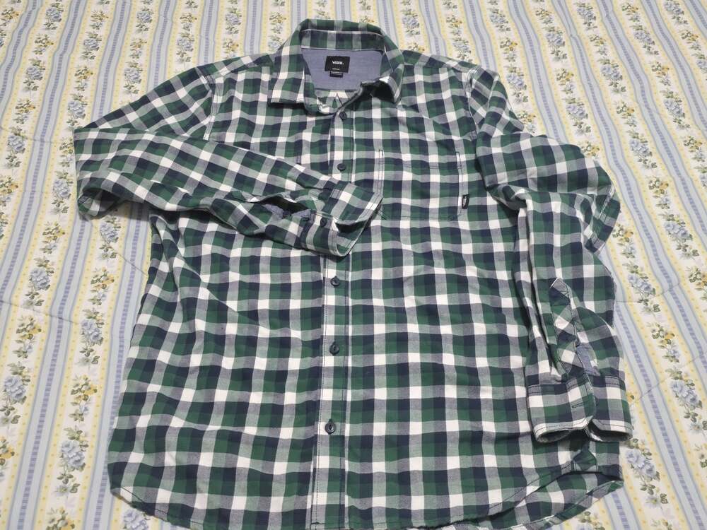 Vans Mens Green Navy White Plaid Tailored Fit Long Sleeve Button Down Shirt M